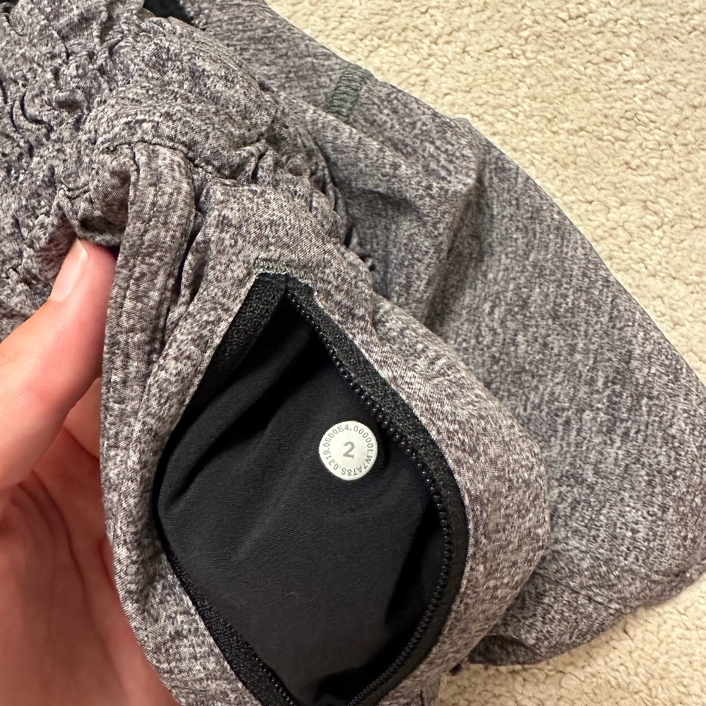 lulu lemon gray shorts, zipper on the side, 4 inch inseam